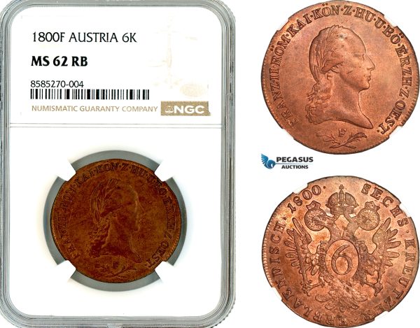 AL335, Austria, Franz II, 6 Kreuzer 1800 F, Hall Mint, NGC MS62RB