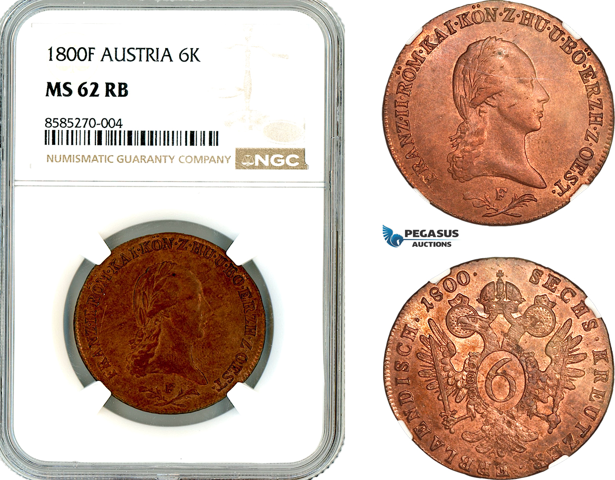 AL335, Austria, Franz II, 6 Kreuzer 1800 F, Hall Mint, NGC MS62RB