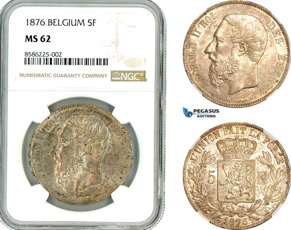 AL336, Belgium, Leopold II, 5 Francs 1876, Brussels Mint, Silver, NGC MS62