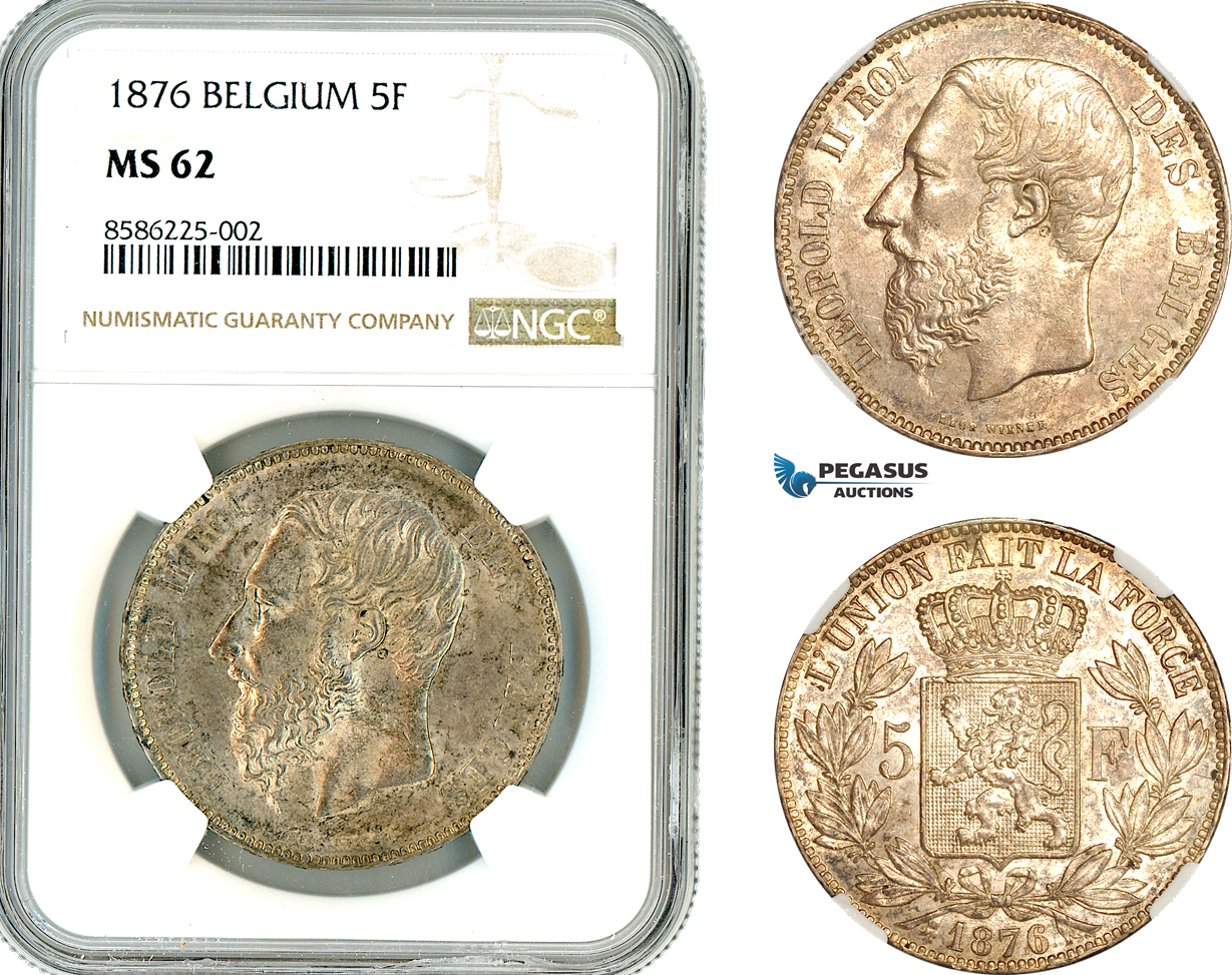 AL336, Belgium, Leopold II, 5 Francs 1876, Brussels Mint, Silver, NGC MS62