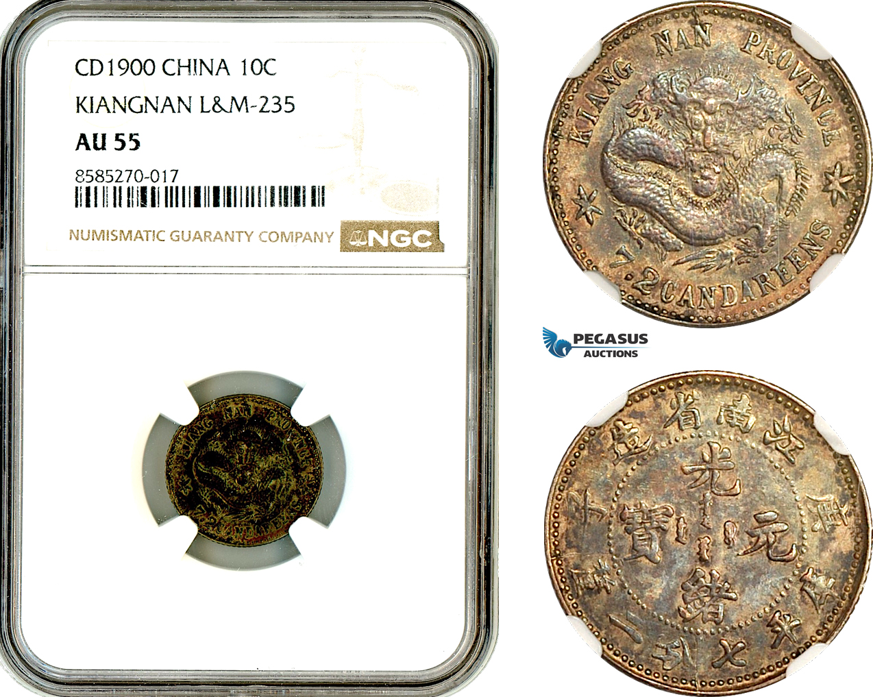 AL338, China, Kiangnan, 7.2 Candareens (10C) 1900, Silver, L&M 235, NGC AU55