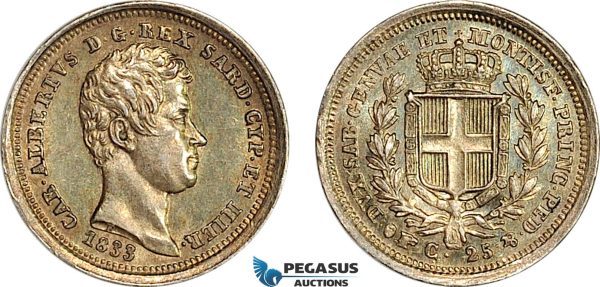 A7-345, Italy, Sardinia, Carlo Alberto, 25 Centesimi 1833 Eagle P, Turin Mint, Silver, KM# 132.1, Greenish toning, EF-UNC