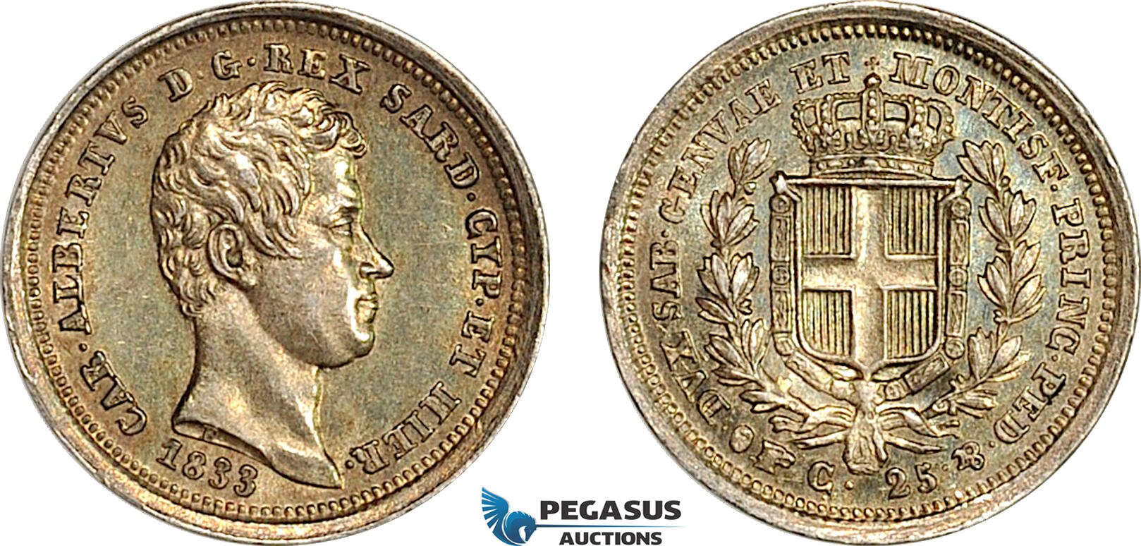 A7-345, Italy, Sardinia, Carlo Alberto, 25 Centesimi 1833 Eagle P, Turin Mint, Silver, KM# 132.1, Greenish toning, EF-UNC