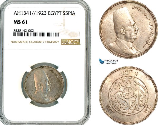 AL345, Egypt, Fuad, 5 Piastres AH1341//1923, London Mint, Silver NGC MS61