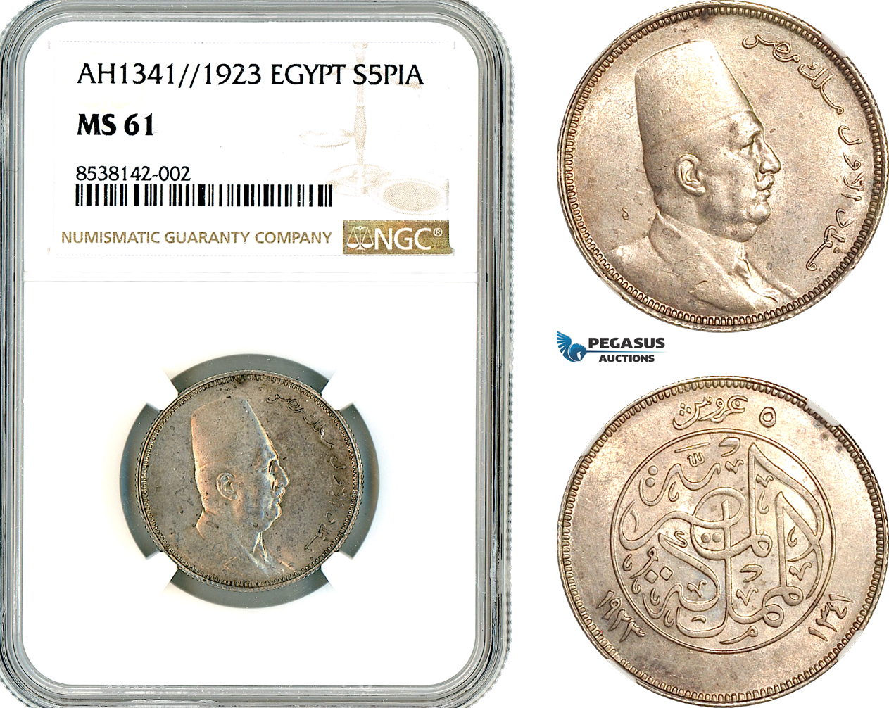 AL345, Egypt, Fuad, 5 Piastres AH1341//1923, London Mint, Silver NGC MS61