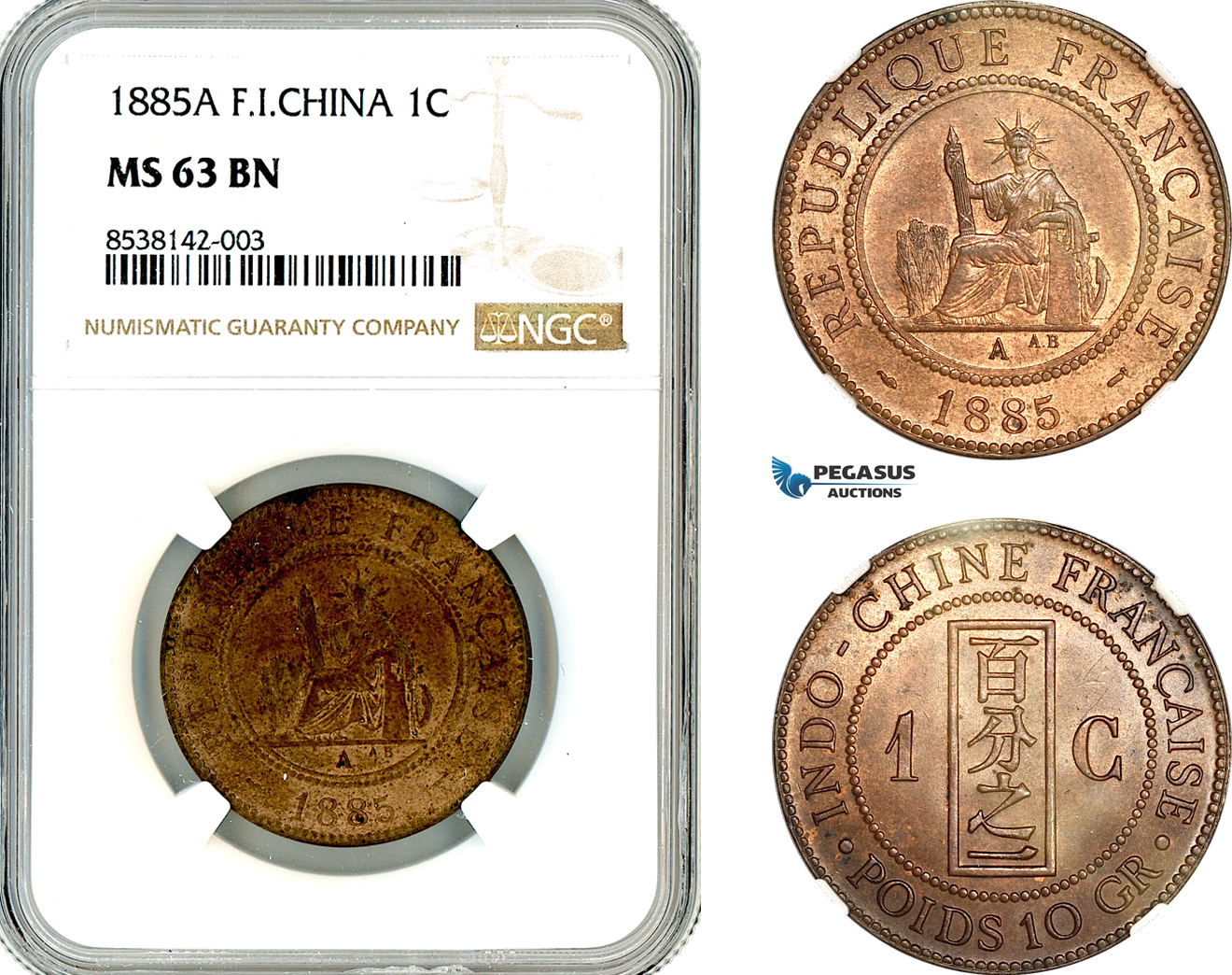 AL346, French Indo-China, 1 Centime 1885 A, Paris Mint, NGC MS63BN