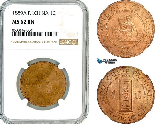 AL347, French Indo-China, 1 Centime 1889 A, Paris Mint, NGC MS62BN