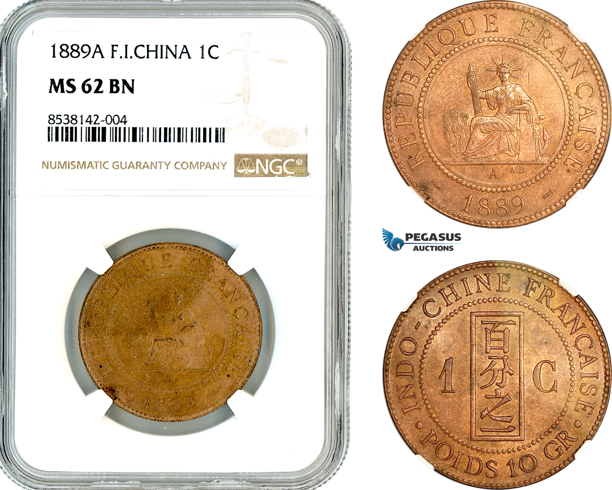AL347, French Indo-China, 1 Centime 1889 A, Paris Mint, NGC MS62BN