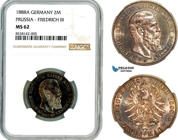 AL348, Germany, Prussia, Friedrich III, 2 Mark 1888 A, Berlin Mint, Silver, NGC MS62