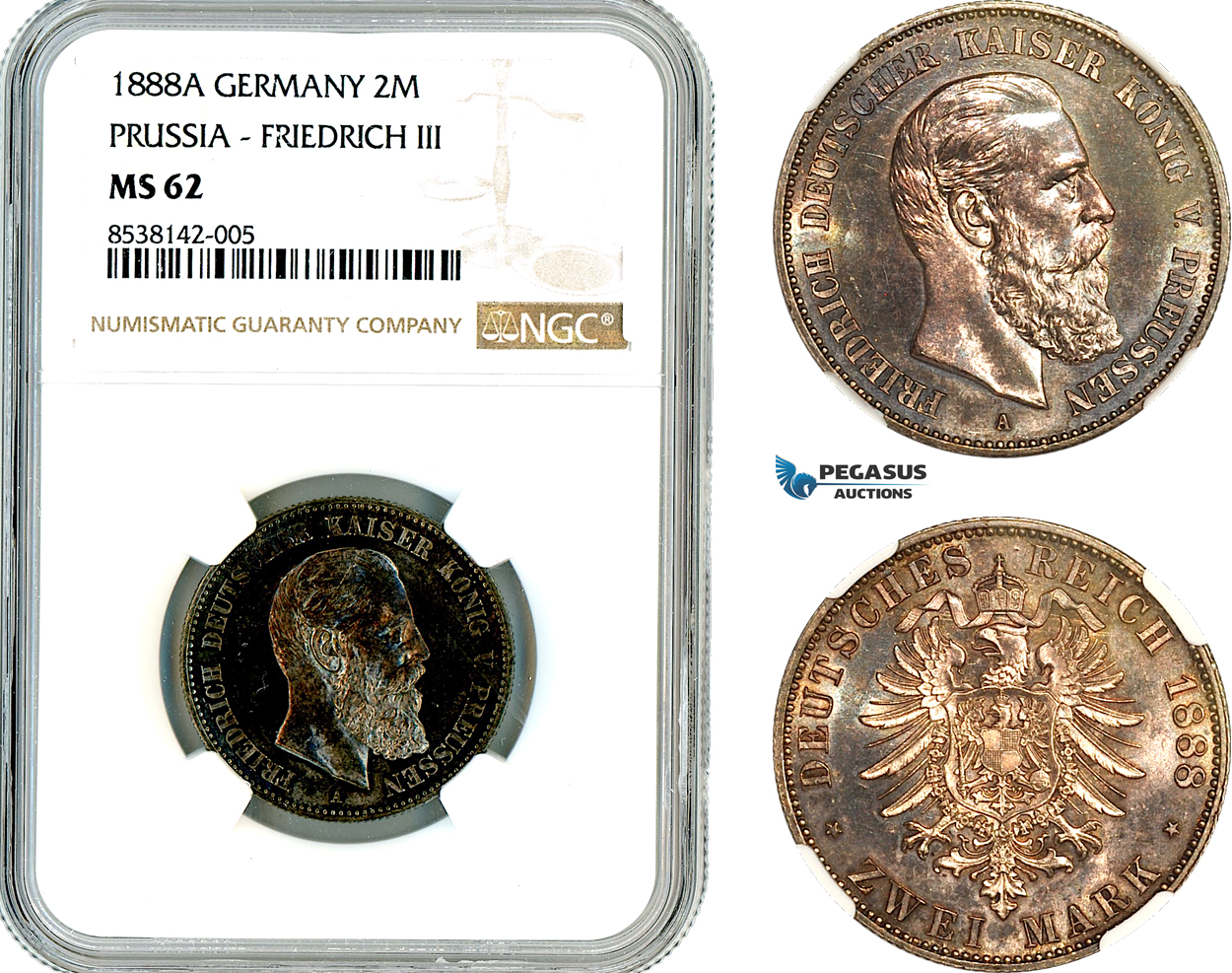 AL348, Germany, Prussia, Friedrich III, 2 Mark 1888 A, Berlin Mint, Silver, NGC MS62