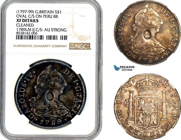 AL349, Great Britain, George III "Emergency Dollar" 1797-99, Oval countermark of George III on Peru Charles IV, 8 Reales 1789 LIMAE, Silver, NGC XF Details