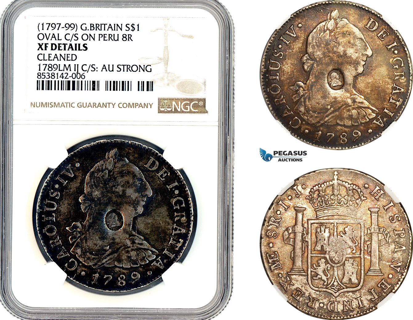 AL349, Great Britain, George III "Emergency Dollar" 1797-99, Oval countermark of George III on Peru Charles IV, 8 Reales 1789 LIMAE, Silver, NGC XF Details