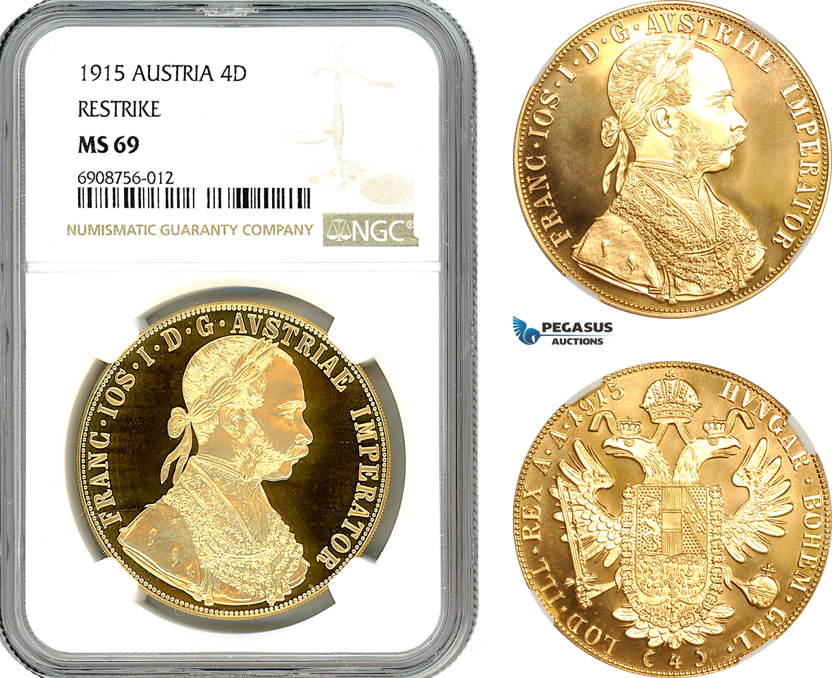 A10-35, Austria, Franz Joseph, Restrike 4 Ducats 1915, Vienna Mint, Gold, NGC MS69