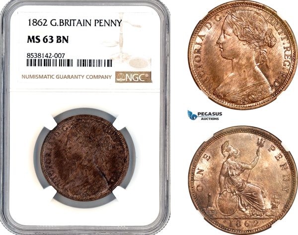 AL350, Great Britain, Victoria, 1 Penny 1862, London Mint, NGC MS63BN