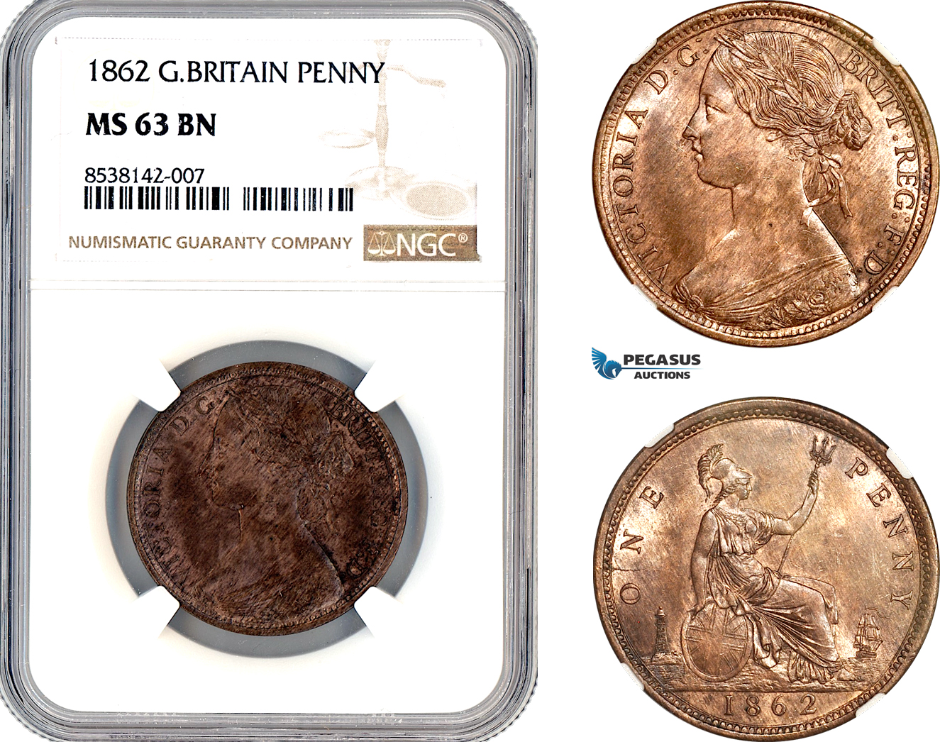 AL350, Great Britain, Victoria, 1 Penny 1862, London Mint, NGC MS63BN