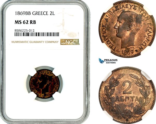 AL352, Greece, George I, 2 Lepta 1869 BB, Strasbourg Mint, NGC MS62RB