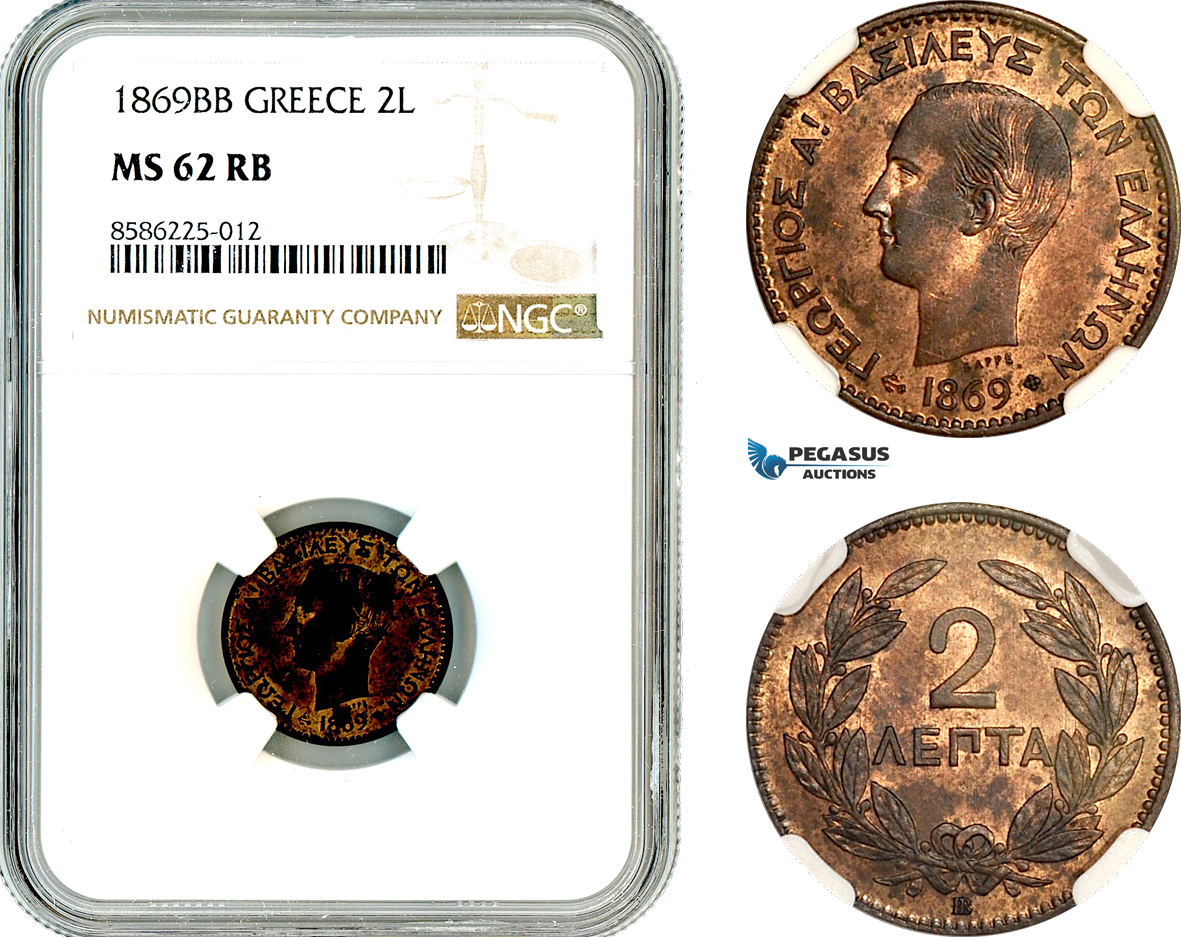 AL352, Greece, George I, 2 Lepta 1869 BB, Strasbourg Mint, NGC MS62RB