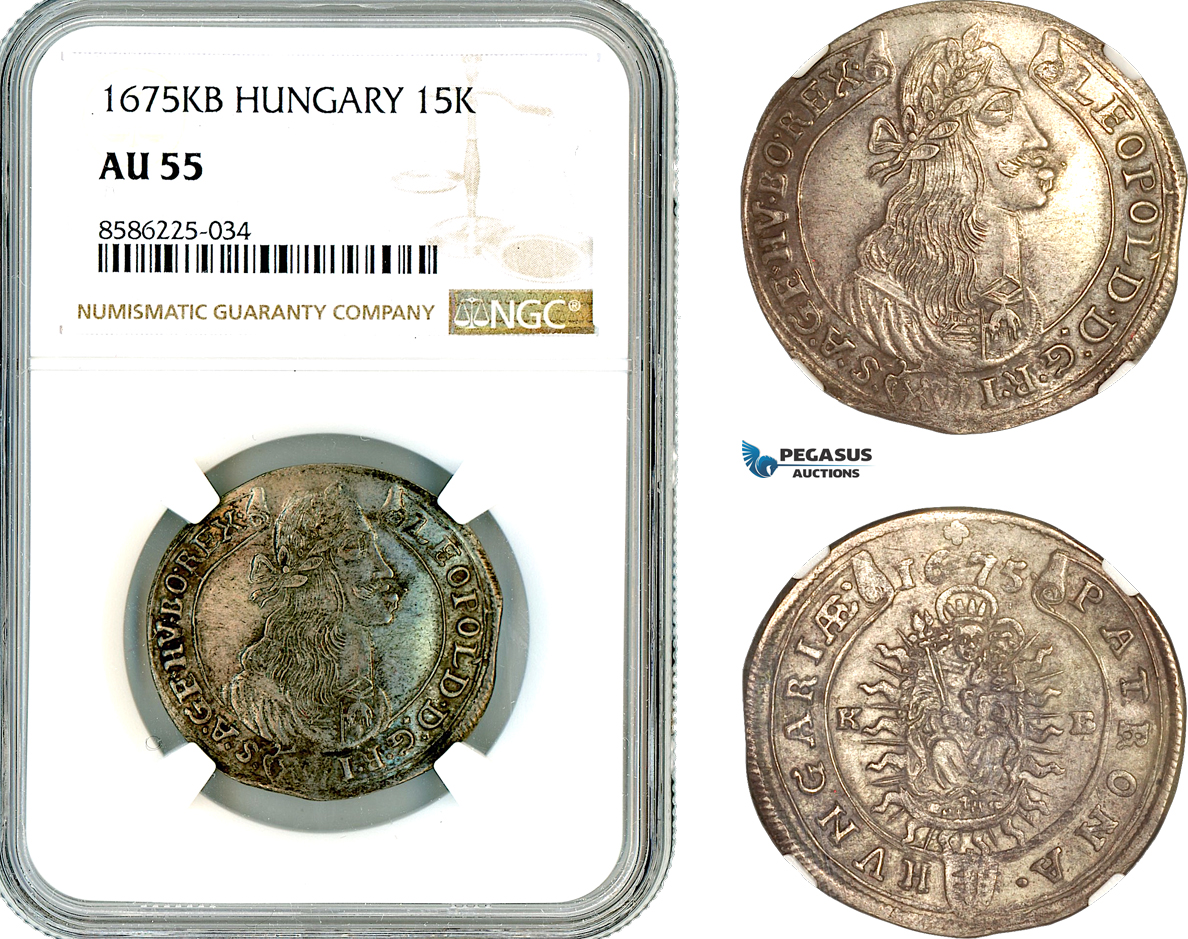 AL354, Hungary, Leopold I, 15 Krajczar 1675 KB, Kremnitz Mint, Silver, NGC AU55
