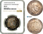 AL355, Hungary, Franz Joseph, 5 Korona 1907 KB, Kremnitz Mint, Coronation Anniversary, Silver, NGC MS62