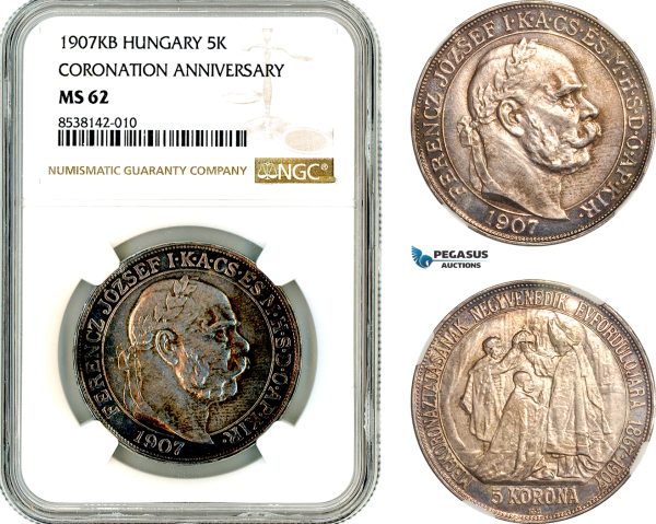 AL355, Hungary, Franz Joseph, 5 Korona 1907 KB, Kremnitz Mint, Coronation Anniversary, Silver, NGC MS62