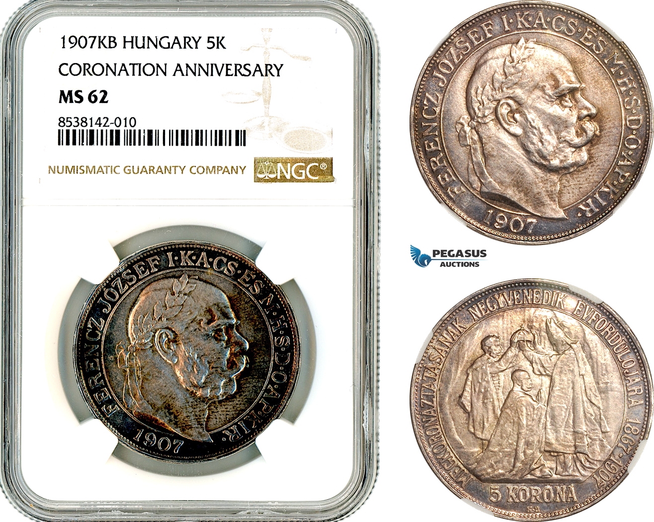 AL355, Hungary, Franz Joseph, 5 Korona 1907 KB, Kremnitz Mint, Coronation Anniversary, Silver, NGC MS62