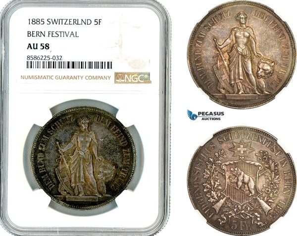 AL362, Switzerland, 5 Francs 1885, Bern Shooting Festival, Bern Mint, Silver, NGC AU58