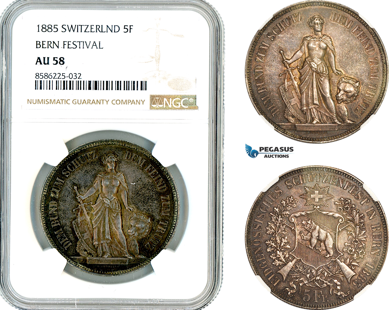 AL362, Switzerland, 5 Francs 1885, Bern Shooting Festival, Bern Mint, Silver, NGC AU58