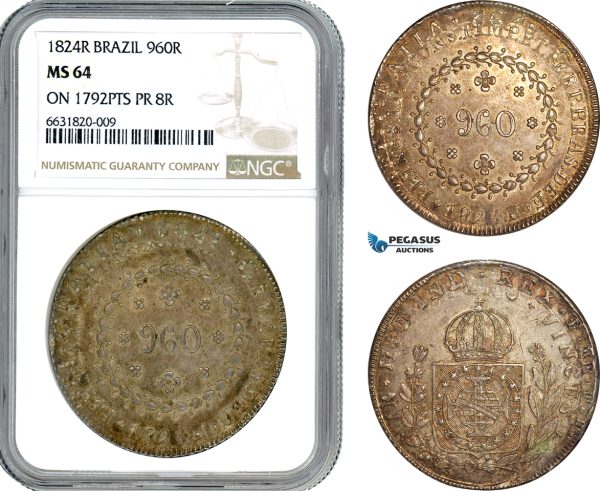 X9-60, Brazil, Pedro I, 960 Reis 1824 R, Rio de Janeiro Mint, Silver, Struck on Bolivia 8 Reales 1792 Potosi Mint, KM# 368.1, Old cabinet toning, NGC MS64, Very rare!