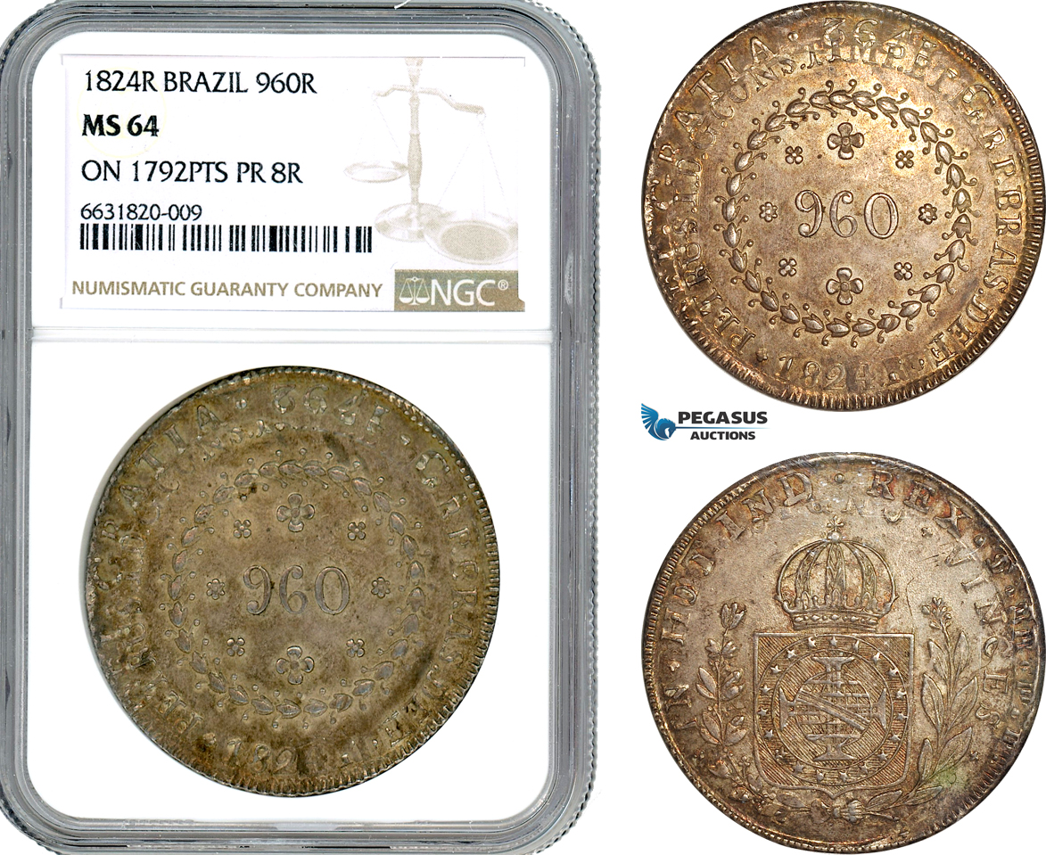 X9-60, Brazil, Pedro I, 960 Reis 1824 R, Rio de Janeiro Mint, Silver, Struck on Bolivia 8 Reales 1792 Potosi Mint, KM# 368.1, Old cabinet toning, NGC MS64, Very rare!