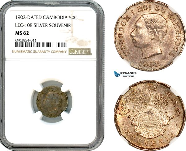 A10-140, Cambodia, Norodom I, Souvenir issue (50 Centimes) 1902, Silver, LEC-108, Gad.16, Old cabinet toning, NGC MS62