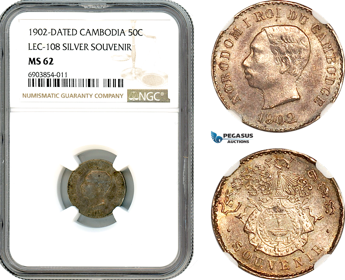 A10-140, Cambodia, Norodom I, Souvenir issue (50 Centimes) 1902, Silver, LEC-108, Gad.16, Old cabinet toning, NGC MS62