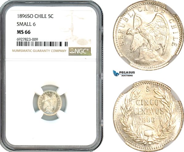 A10-142, Chile, 5 Centavos 1896 SO, Santiago Mint, Silver, Small 6, KM# 155.5, NGC MS66, Top Pop!