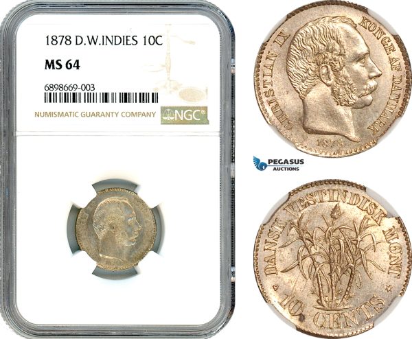 A10-173, Denmark, Danish West Indies, Christian IX, 10 Cents 1878, Copenhagen Mint, Silver, KM# 70, Champagne toning, NGC MS64