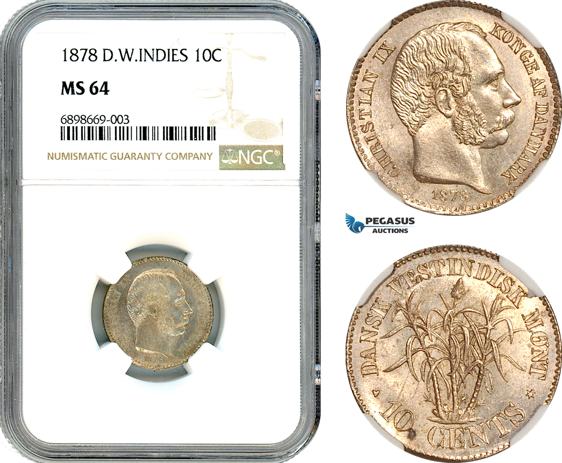 A10-173, Denmark, Danish West Indies, Christian IX, 10 Cents 1878, Copenhagen Mint, Silver, KM# 70, Champagne toning, NGC MS64