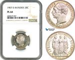 A10-175, Denmark, Danish West Indies, Frederik VIII, 20 Cents / 1 Franc 1907, Copenhagen Mint, Silver, KM# 81, Light toning, NGC PL64