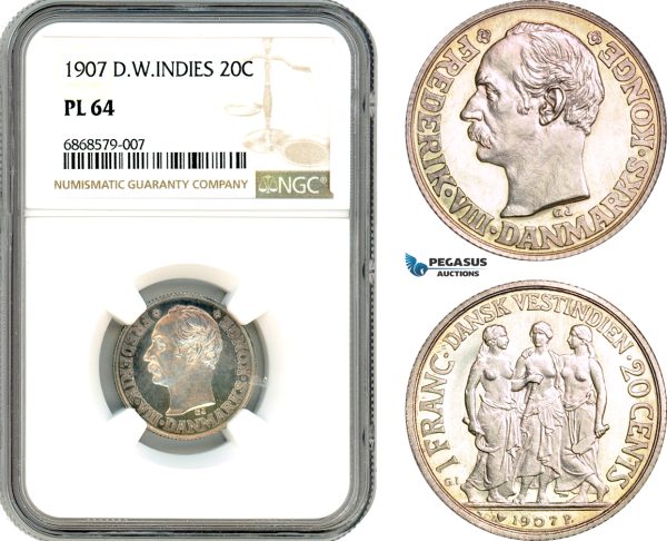A10-175, Denmark, Danish West Indies, Frederik VIII, 20 Cents / 1 Franc 1907, Copenhagen Mint, Silver, KM# 81, Light toning, NGC PL64
