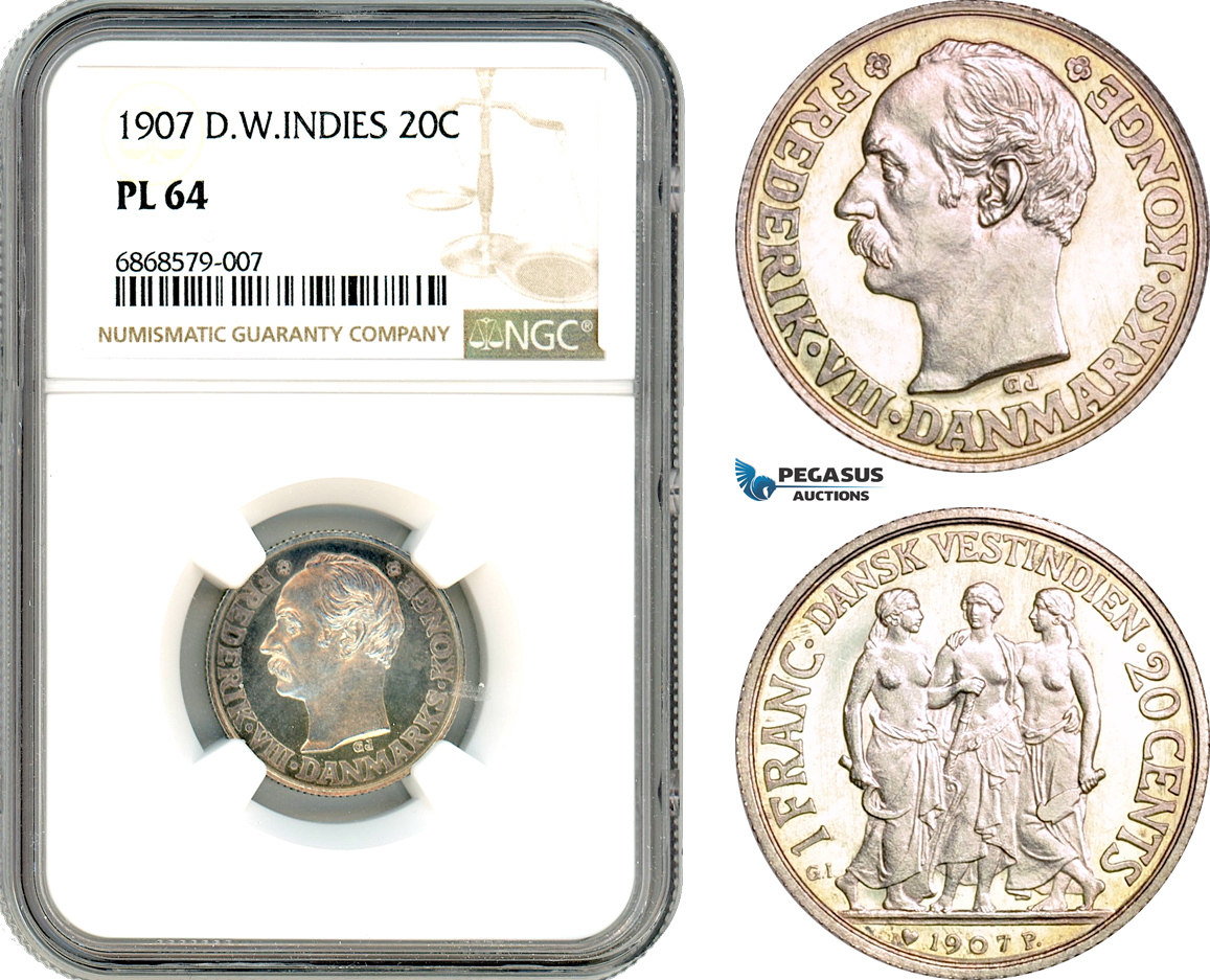 A10-175, Denmark, Danish West Indies, Frederik VIII, 20 Cents / 1 Franc 1907, Copenhagen Mint, Silver, KM# 81, Light toning, NGC PL64