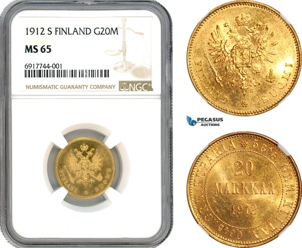 A10-190, Finland, Nicholas II of Russia, 20 Markkaa 1912 S, Helsinki Mint, Gold, Bitkin# 390, NGC MS65