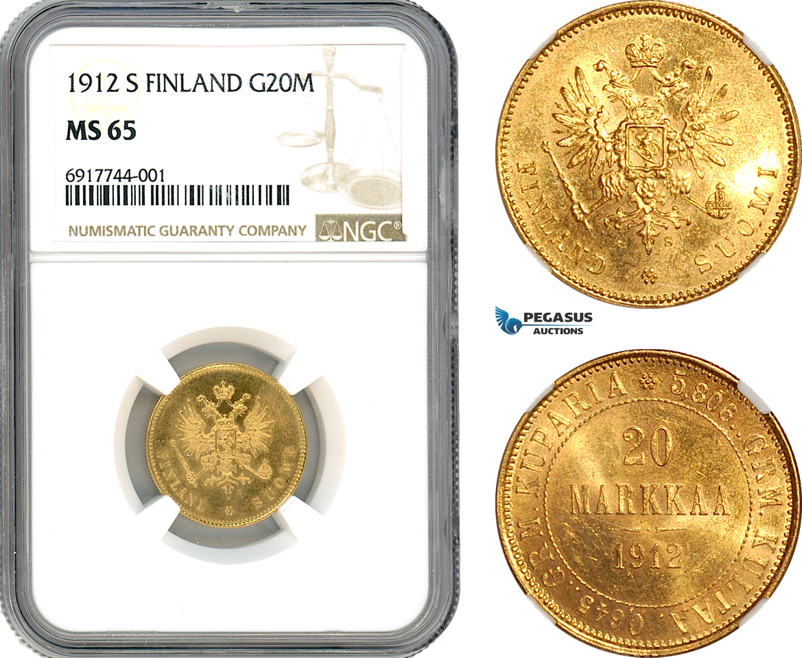 A10-190, Finland, Nicholas II of Russia, 20 Markkaa 1912 S, Helsinki Mint, Gold, Bitkin# 390, NGC MS65