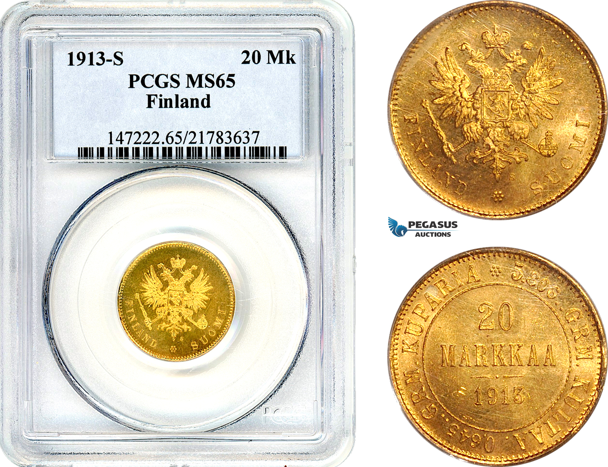 A10-191, Finland, Nicholas II of Russia, 20 Markkaa 1913 S, Helsinki Mint, Gold, Bitkin# 391, PCGS MS65