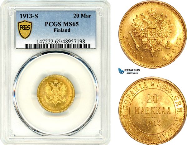A10-192, Finland, Nicholas II of Russia, 20 Markkaa 1913 S, Helsinki Mint, Gold, Bitkin# 391, PCGS MS65