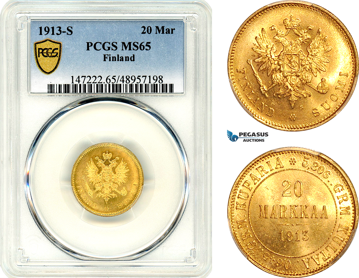 A10-192, Finland, Nicholas II of Russia, 20 Markkaa 1913 S, Helsinki Mint, Gold, Bitkin# 391, PCGS MS65