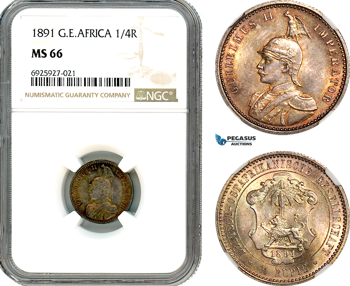 A10-246, German East Africa, Wilhelm II, 1/4 Rupie 1891, Berlin Mint, Silver, KM# 3, Amber toning, NGC MS66