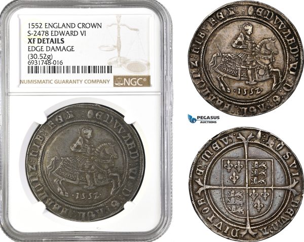 A10-255, England, Edward VI, "Horseman" Crown 1552, Tower Mint, Silver (30.52g) S-2478, Dark cabinet toning! Insignificant edge damage, NGC XF Details "Edge damage", Rare!