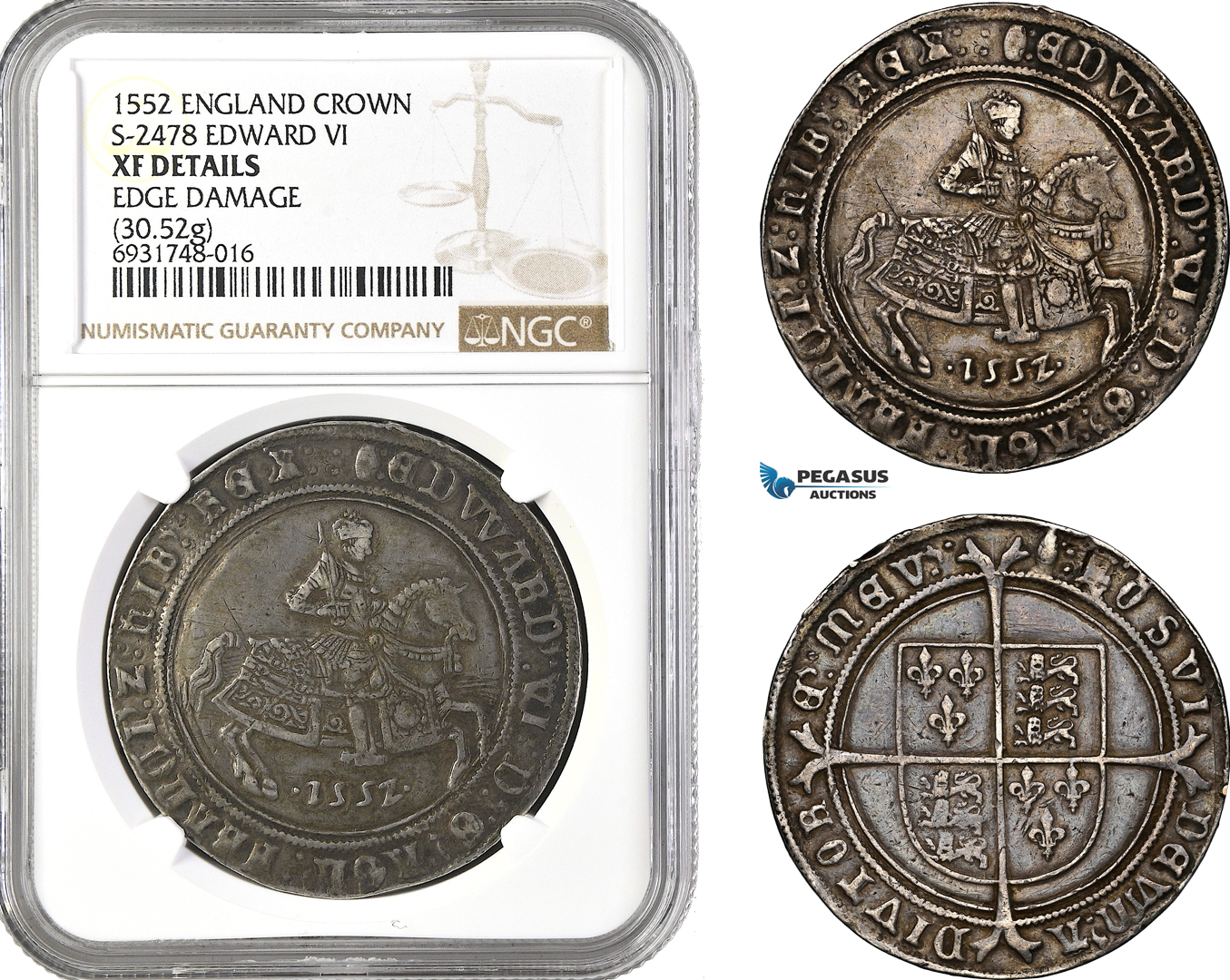 A10-255, England, Edward VI, "Horseman" Crown 1552, Tower Mint, Silver (30.52g) S-2478, Dark cabinet toning! Insignificant edge damage, NGC XF Details "Edge damage", Rare!