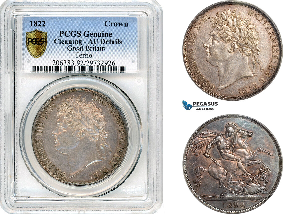 A10-257, Great Britain, George IV, 1 Crown 1822, Tertio Edge, Royal Mint, Silver, KM# 680.2, Dark toning, PCGS AU Details "Cleaned"