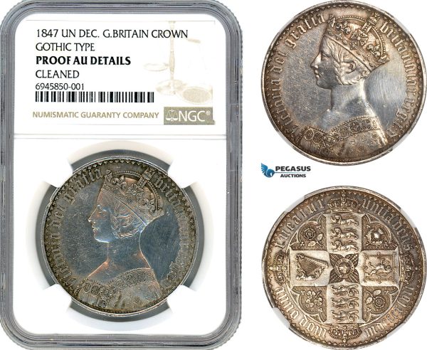 A10-259, Great Britain, Victoria, 1 Crown 1847, Gothic Type, Un Decimo Edge, Royal Mint, Silver, KM# 744, NGC Proof AU Details "Cleaned"
