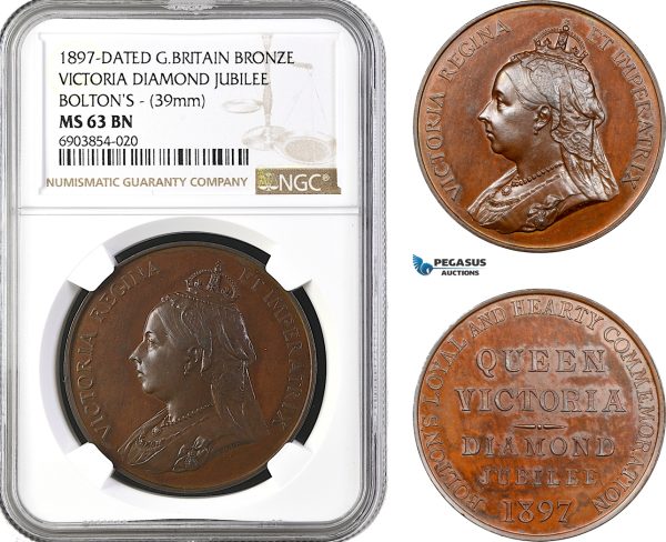A10-261, Great Britain, Victoria, Bronze Medal 1897, Diamond Jubilee Bolton, 39 mm, NGC MS63 BN, Top Pop and single finest graded!