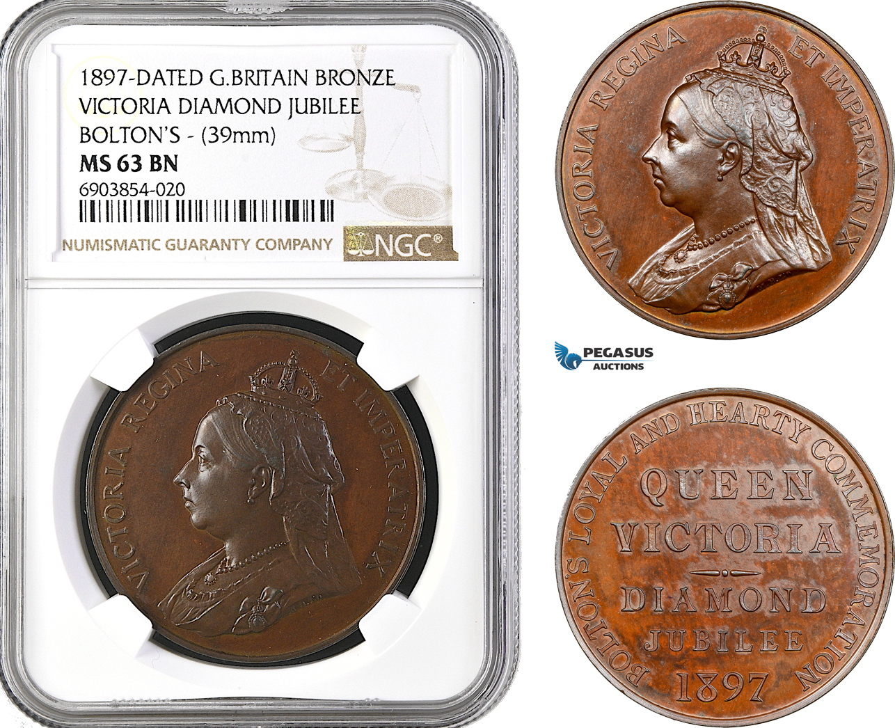 A10-261, Great Britain, Victoria, Bronze Medal 1897, Diamond Jubilee Bolton, 39 mm, NGC MS63 BN, Top Pop and single finest graded!