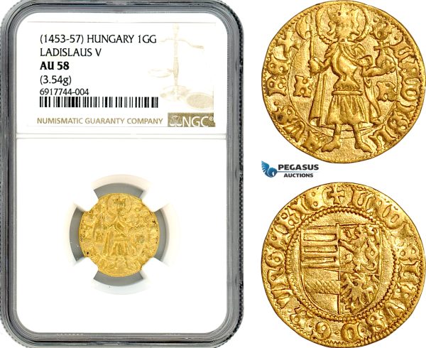 A10-275X, Hungary, Ladislaus V, Goldgulden ND (1455) K-R, Kremnitz Mint, Gold, (3.54g) Lengyel 29/6, Much remaining luster! NGC AU58